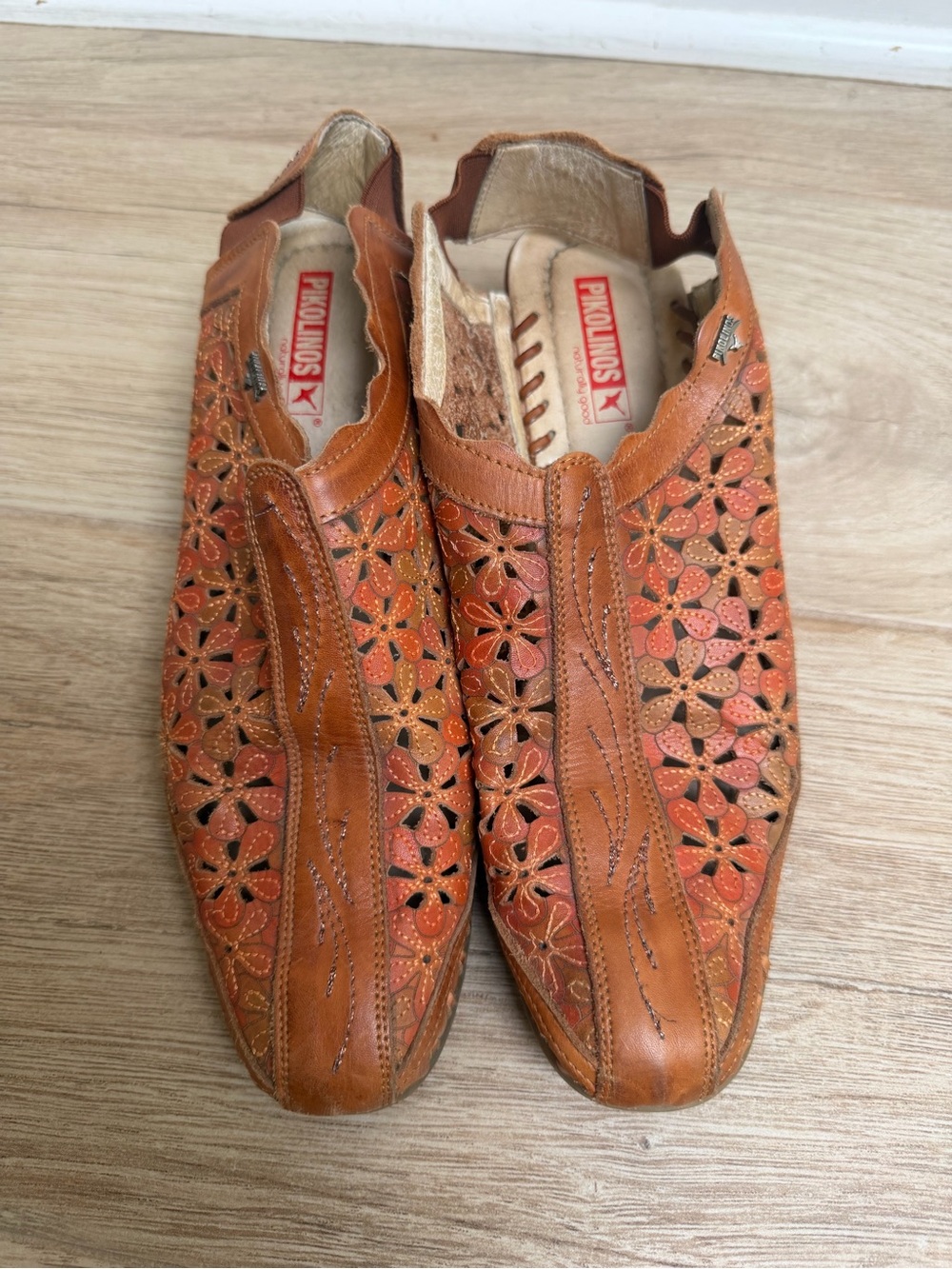 Pikolinos Tan Leather Slip-On Shoes - Perforated Floral Design